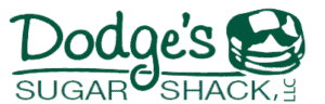 Dodge's Sugar Shack Logo in green with pancake stack dripping with butter and maple syrup.