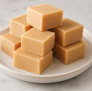 A stack of creamy maple fudge on a white plate, made with pure maple syrup.