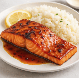 A dinner plate showing maple-glazed salmon steak with rice and a lemon on the side.