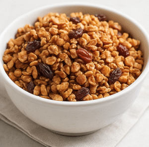 A bowl of granola with oats, nuts and berries, made with maple syrup.