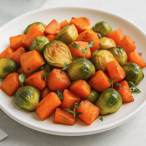 A bowl of savory roasted vegetables, including carrots, brussels sprouts and butternut squash, made with maple syrup.