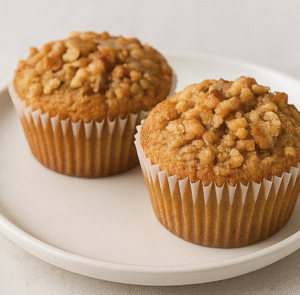 Two delicious Maple Walnut Muffins on a plate, made with pure New Hampshire Maple Syrup