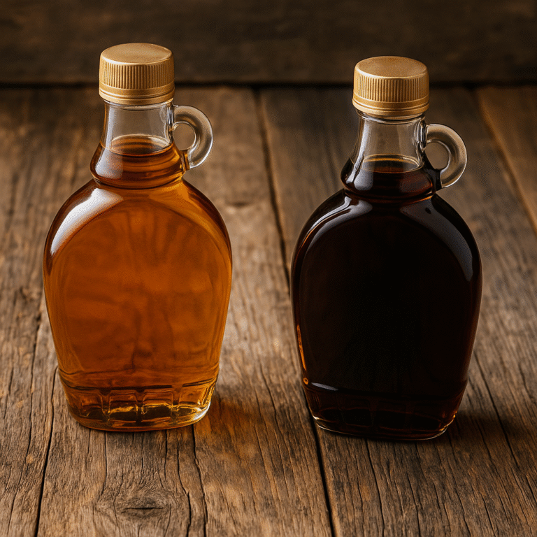 Side-by-side amber and dark maple syrup bottles on a rustic wooden table showing color differences for a Dodge's Sugar Shack blog article.