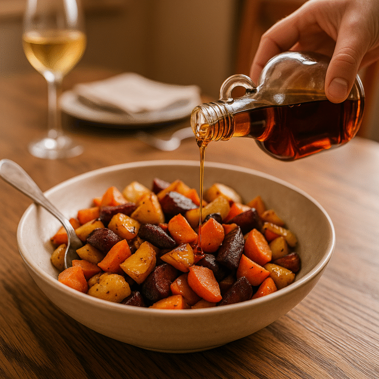 Maple syrup drizzling onto roasted vegetables, illustrative a creative way to use pure New Hampshire maple syrup.