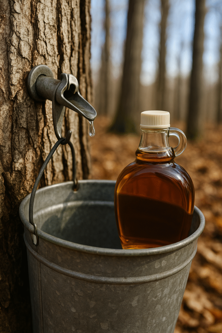 New Hampshire maple tree with vintage sap bucket hanging from a spout, with bottle of maple syrup inside.
