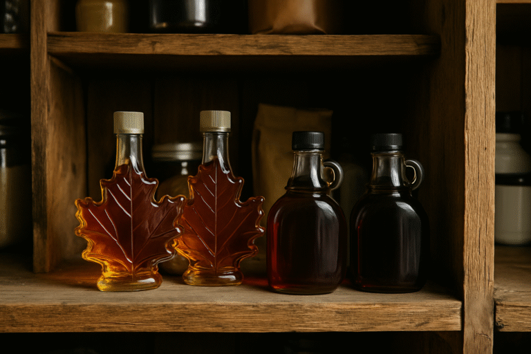 Four bottles of maple syrup arranged on a rustic wooden shelf.