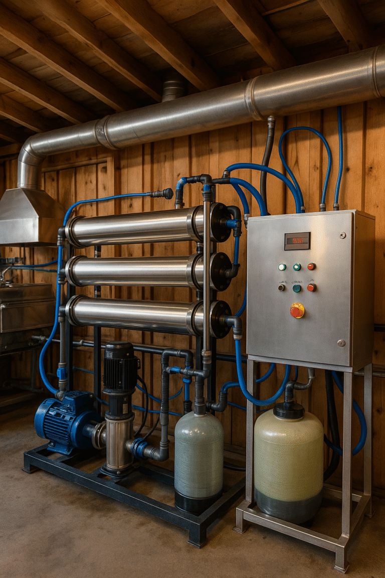 Reverse osmosis equipment inside a maple sugar shack, featuring stainless-steel tanks, blue membrane housings, connected tubing, and control gauges used to concentrate maple sap before boiling