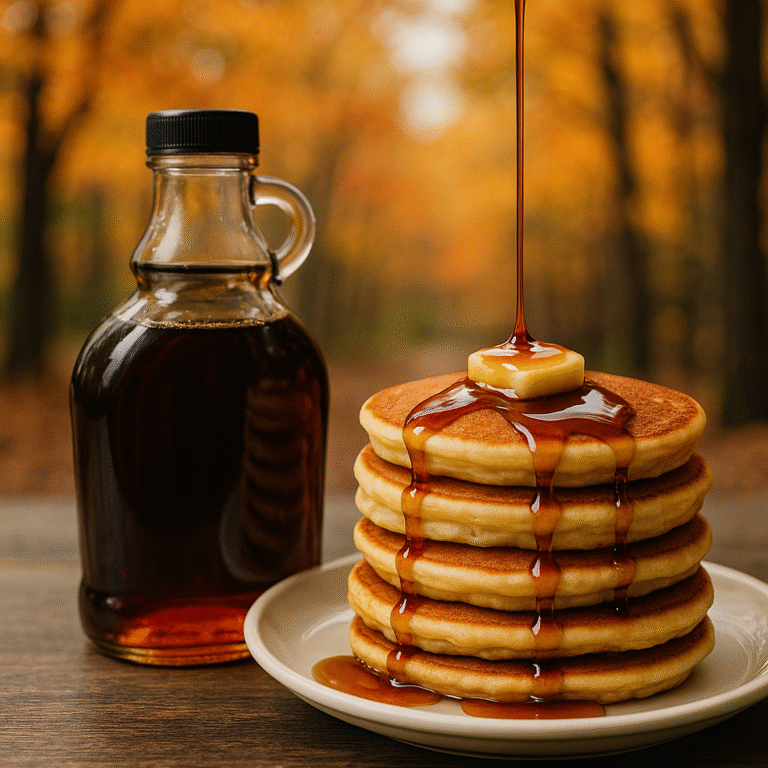 Stack of pancakes with pure maple syrup and butter, used for a fun facts maple syrup article