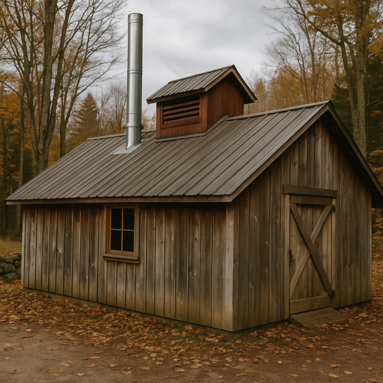 Rustic wooden sugar shack with a metal roof and chimney surrounded by autumn trees, representing a traditional New Hampshire maple sugaring building