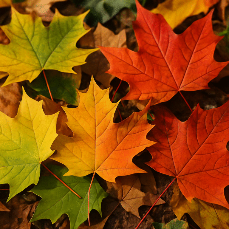 Close up of colorful fallen maple leaves in shades of yellow, orange and red on a forest floor.