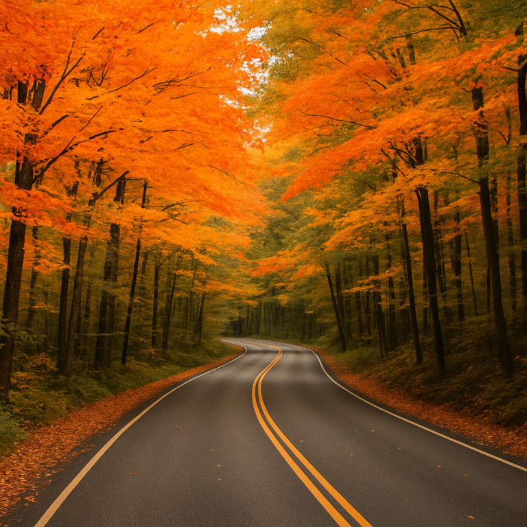Winding New Hampshire road surrounded by dense maple woods with bright orange and yellow automn leaves.